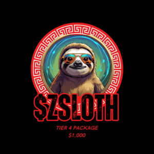 Product image for the ZenSloth Tier 4 Package. It features a smiling sloth wearing sunglasses inside a decorative red and gold circular frame. Below is the text '$ZSLOTH, TIER 4 PACKAGE, $1,000' in red.